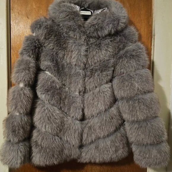 NWT Donna Salyers Fabulous Furs XS Chateau Grey Hooded Faux Fox Fur Chevron Coat - Picture 1 of 7